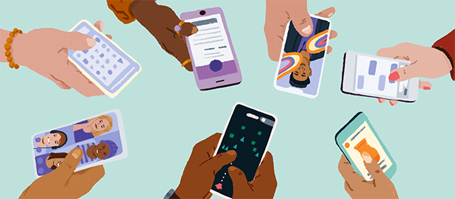 Seven hands holding seven different phones. Each phone has something different on it including a game, a chat window, an ad, a group video chat and AR effects.