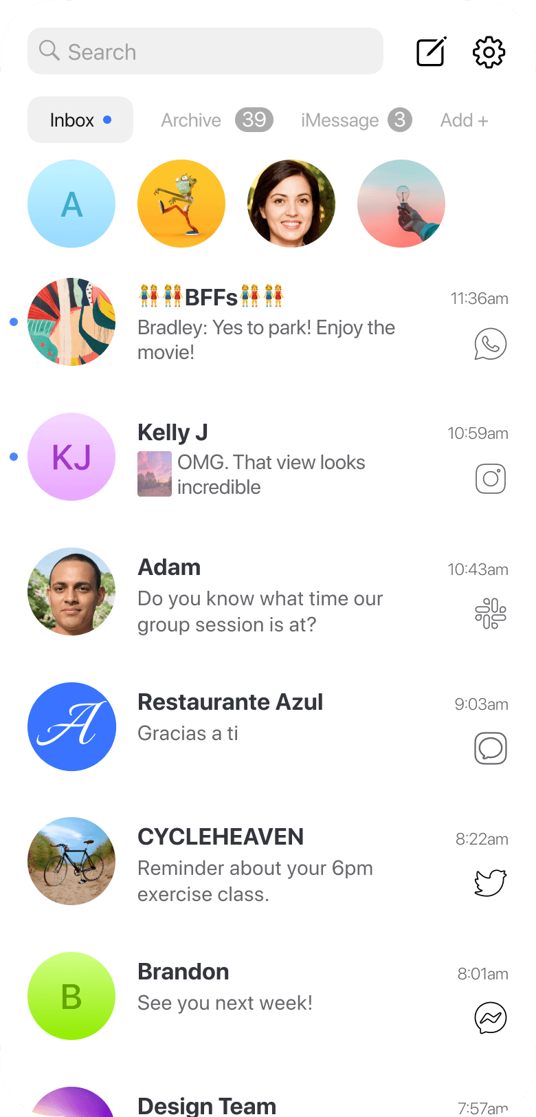 Phone mock-up of the beeper app, showcasing different chats from different social media all in one app.