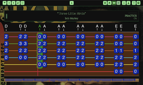 Interactive tab player showing a song with chords and strumming patterns