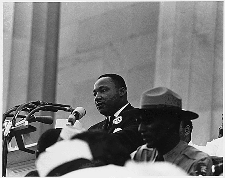 MLK speaks at the Lincoln Memorial, Aug. 28, 1963. National Archive photo.