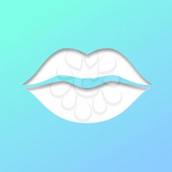 Contour of lips cut from paper on white background. Outline icon of mouth, vector pictogram. Symbol of kiss, paper art carving with blue gradient from material palette.