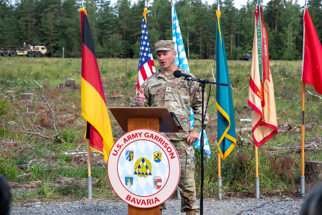 7th Army Training Command Commanding General Brig. Gen. Steven Carpenter speaks during the groundbreaking for the Operational Readiness Training Complex at Grafenwoehr Training Area in Germany August 4, 2023. The groundbreaking celebrated the first major steps in construction for the ORTC project which will be built over several years and include all the facilities needed for an entire brigade set of troops and equipment to train and operate on a rotational basis. (U.S. Army photo by Alfredo Barraza)