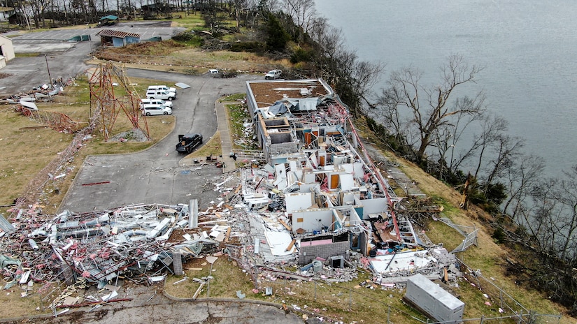 This is an aerial view taken Dec. 10, 2023, of the damage sustained to the Electronic Service Section Building when a tornado struck the area the day before on the shoreline of Old Hickory Lake in Hendersonville, Tennessee.