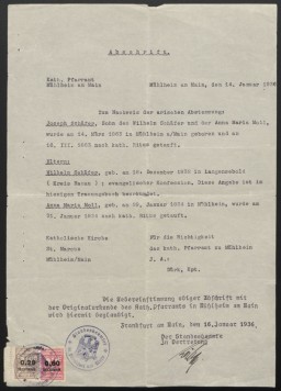 A certificate of "Aryan" descent, issued to Joseph Schäfer of Mühlheim, Germany. To prove one's "Aryan" racial status in Nazi Germany, an individual had to trace their ancestry back to 1800. Signed by an official justice of the peace, this certificate attests to Schäfer's parentage and baptism. Dated January 14, 1936.