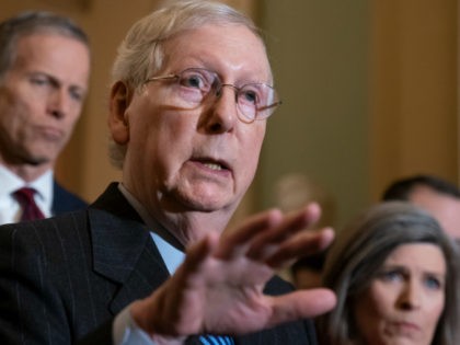 Senate Majority Leader Mitch McConnell, R-Ky., joined by Majority Whip John Thune, R-S.D.,