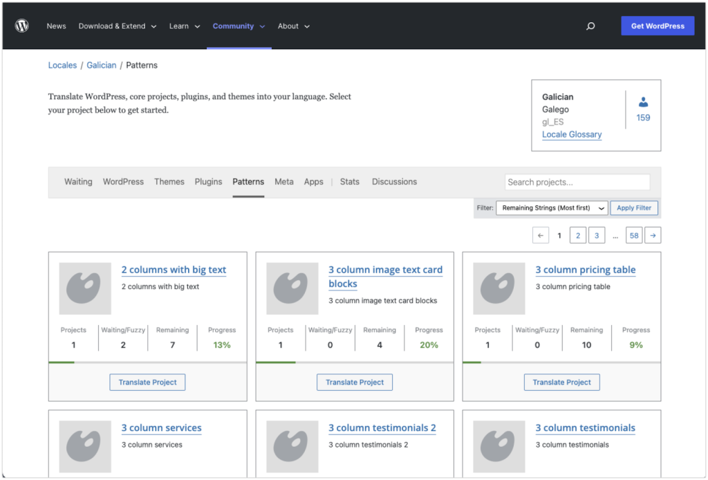 A screenshot of the translate.wordpress.org patterns projects.