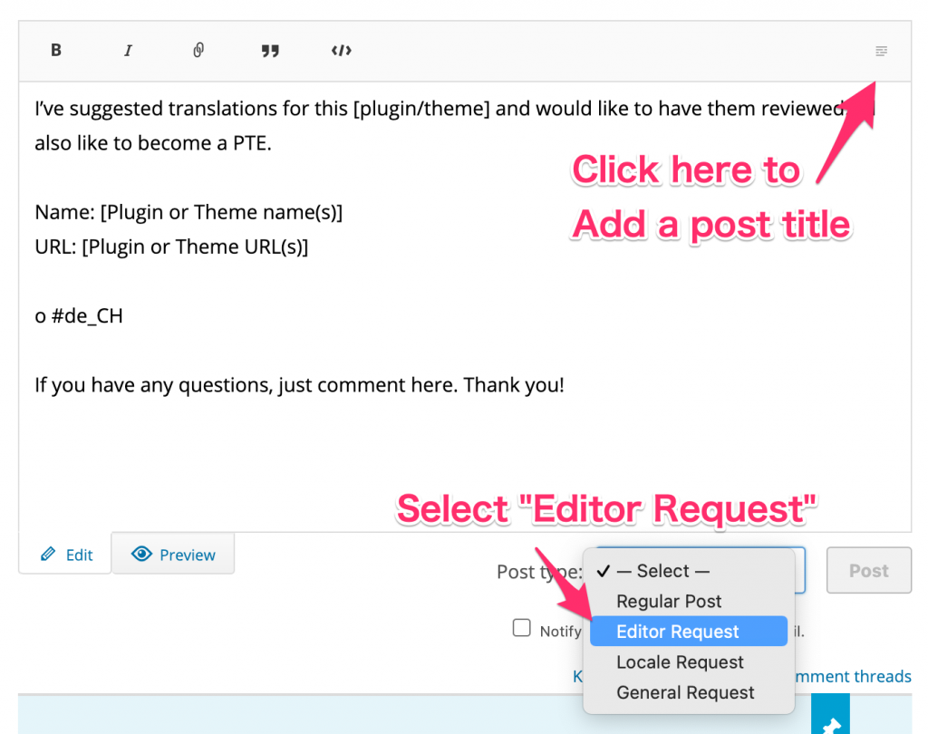 A screenshot of an example PTE request post on Make/Polyglots.