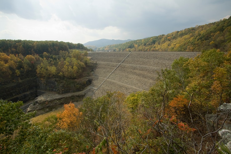 Gathright Dam located in Alleghany County, Va., impounds the water flowing down the Jackson River to create the 2,500 acre Lake Moomaw. The dam has prevented numerous floods over its 30 plus year existence saving countless dollars and lives. (U.S. Army Photo/Patrick Bloodgood)