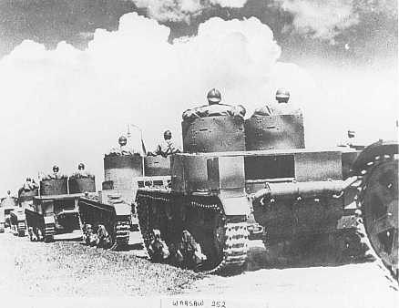 <p>Polish tanks during a military maneuver before the German invasion that began World War II. Warsaw, Poland, spring 1939.</p>