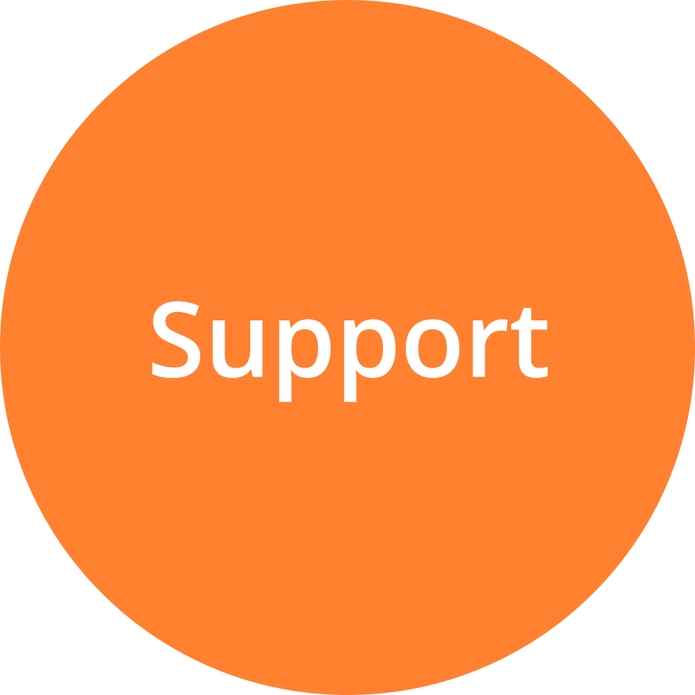 Orange circle with white text that reads "Support."