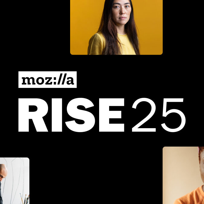 The text reads: Mozilla. Rise 25. Surrounding the text are images of five people posing for a portrait.