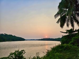 Chaliyar river at sunset with greenery in the foreground, and a backdrop of a softly colored sky. Perumanna, Kozhikode, Kerala.