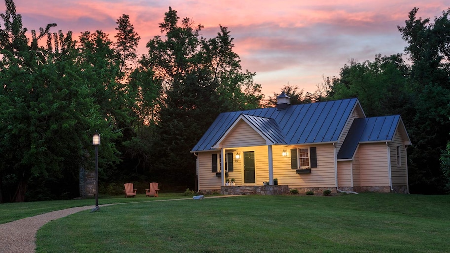 The exterior of a house at sunset