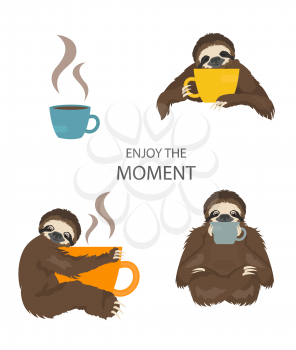 The story of one sloth. Morning cofee. Funny cartoon sloths in different postures set. Vector illustration