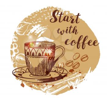 Cup of coffee and coffee beans. Hand drawn vector background in vintage style. Lettering Start with coffee