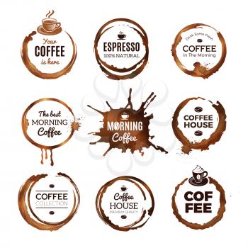Coffee rings labels. Badges design with circles from tea or coffee espresso mocha cup vector template with place for text. Illustration of cafe best coffee, espresso badge premium quality