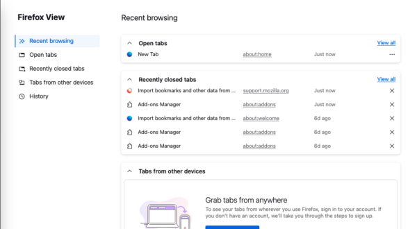 The newly revamped Firefox View is shown in a Firefox window. The "Recent browsing" section is selected, showing 1 tab under "Open tabs", 5 tabs under "Recently closed tabs", and a call to sign in to a Firefox Account in order to get tabs from other devices.