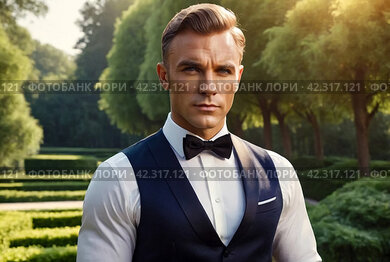 Portrait of confident businessman young guy in vest and bow tie posing at greenery park, strong look. Serious fashionable stylish man in tuxedo, luxury image James Bond style. Copy ad text space