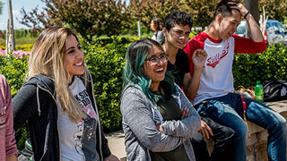 group of students together outside talking and smiling