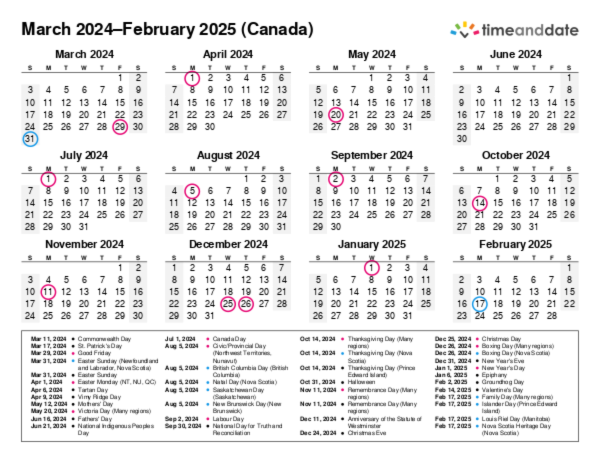 Calendar for 2024 in Canada