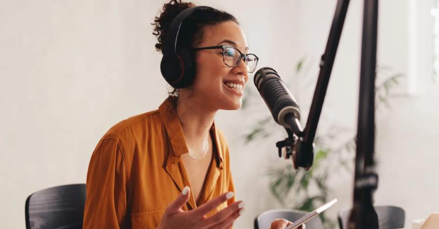 woman recording a podcast