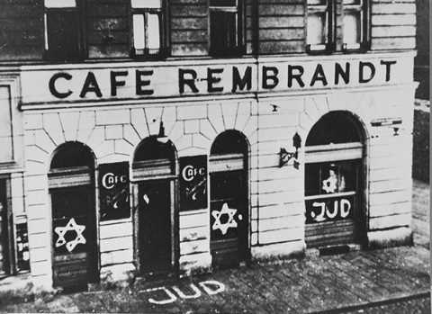 <p>A Jewish-owned cafe in <a href="/narrative/6000">Vienna</a> that was defaced with antisemitic graffiti. Vienna, Austria, November 1938.</p>