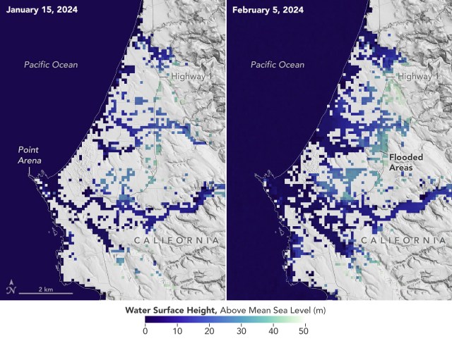 SWOT satellite data for water surface height in part of Mendocino County, Northern California