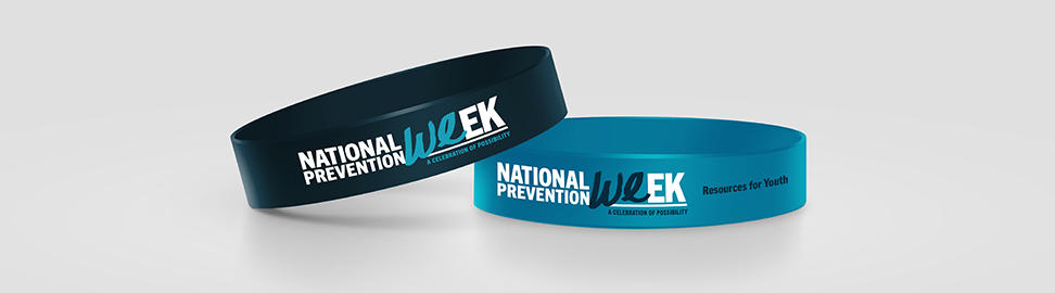 Image of two rubber wristbands, one navy blue and one teal blue, with the National Prevention Week Logo on each. The teal blue wristband also says “Resources for Youth” after the logo.