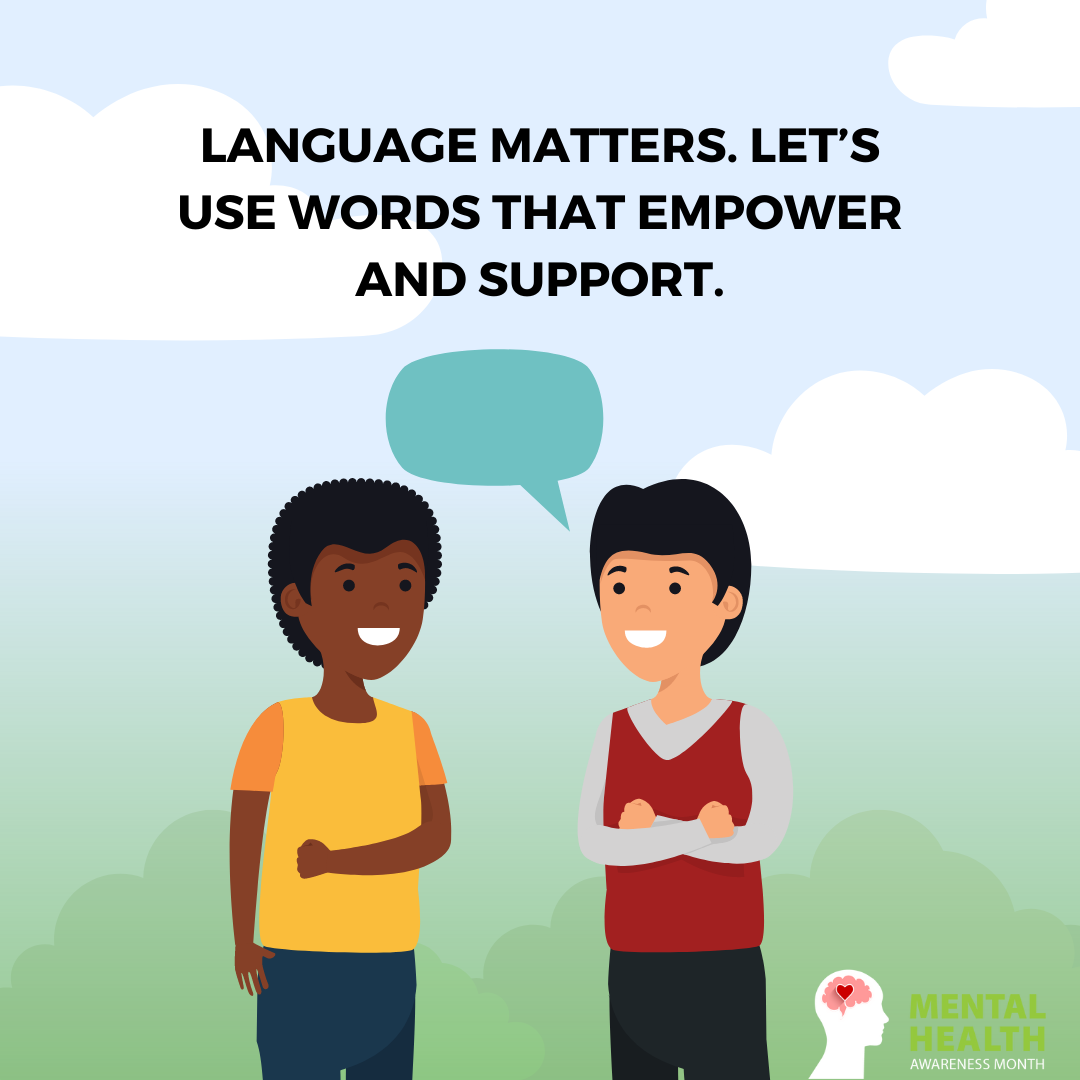 Two animated characters are smiling and talking. Text above reads, “Language matters. Let’s use words that empower and support.” A logo in the bottom right corner reads, “Mental Health Awareness Month.”