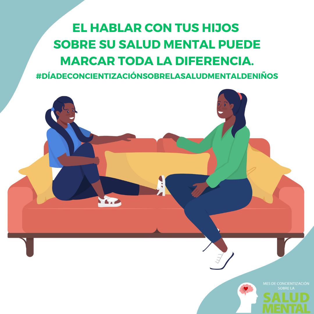 Dos personajes animados hablando en un sofá con texto que dice “El hablar tus hijos sobre su salud mental puede marcar toda la diferencia” El logotipo en la esquina dice “Mes de Concientización sobre la Salud Mental.”