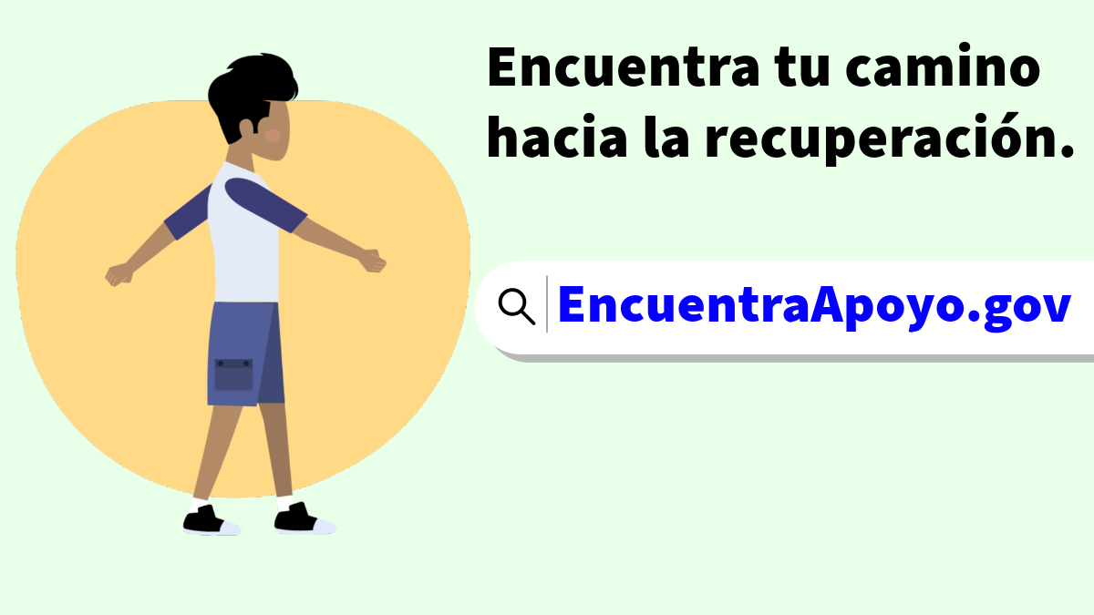 Un personaje animado caminando. El texto lee: Encuentra tu camino hacia la recuperación. EncuentraApoyo.gov