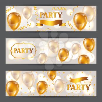 Celebration party background with golden balloons and serpentine. Greeting, invitation card or flyer.