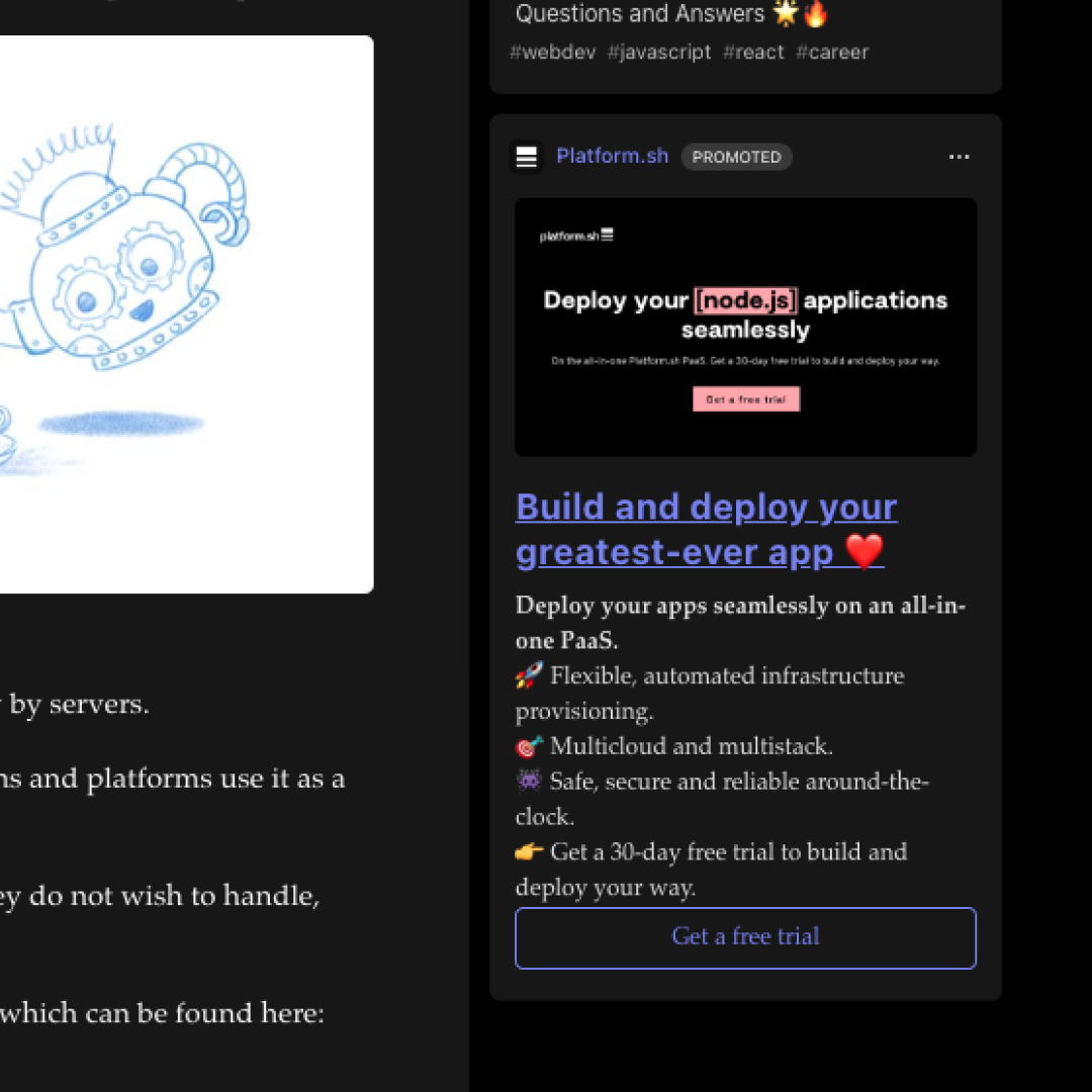 A screenshot of a post on DEV showing a sidebar ad