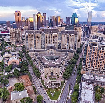 Uptown Dallas with Downtown Dallas on the end, located in Dallas County, Texas, the eighth-most populous county in the United States.