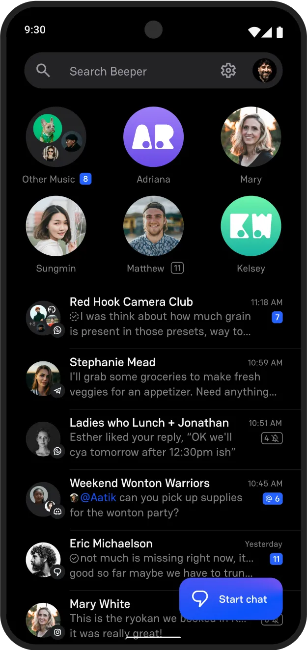 Beeper messenger overview, showing all chat logs