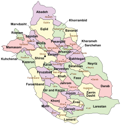 Location of Shiraz County in Fars province (center left, yellow)