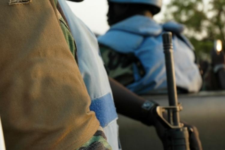 United Nations soldiers stand at the ready.