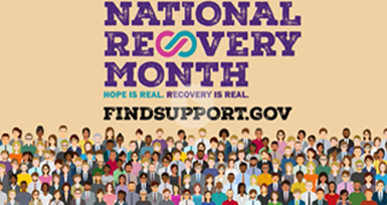 Crowd of animated characters that gets larger and larger with text reading, “We all make recovery possible. Every person. Every family. Every community. National Recovery Month: Hope is real. Recovery is real.”