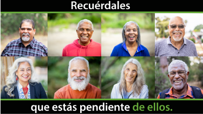 Animación con dos pantallas. Primera pantalla: Ocho fotos en primer plano, cuatro arriba y cuatro abajo, de adultos mayores de diferentes grupos étnicos sonriendo a la cámara. El texto animado en la parte superior dice: 'Recuérdales' El texto animado en la parte inferior dice: 'que estás pendiente de ellos.'Segunda pantalla: La misma imagen de ocho fotos en primer plano, cuatro arriba y cuatro abajo, de adultos mayores de diferentes grupos étnicos sonriendo a la cámara. Un logotipo aparece superpuesto en la imagen. El logo dice 'Mes de Concientización sobre la Salud Mental. Mayo'