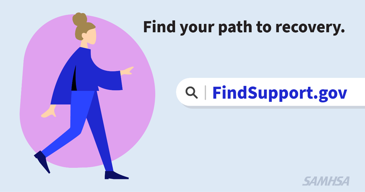 Animated character walking and text reading: Find your path to recovery. FindSupport.gov