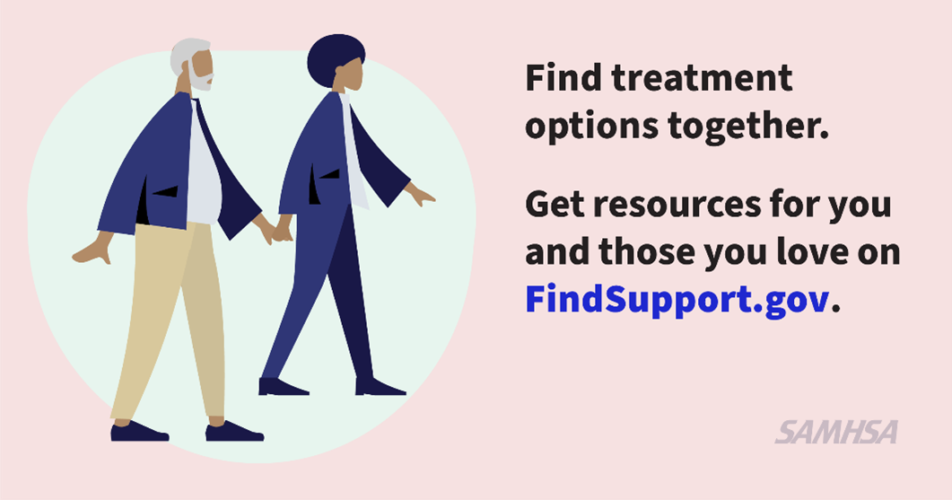 Two animated characters walking and text reading: Find treatment options together. Get resources for you and those you love on FindSupport.gov.