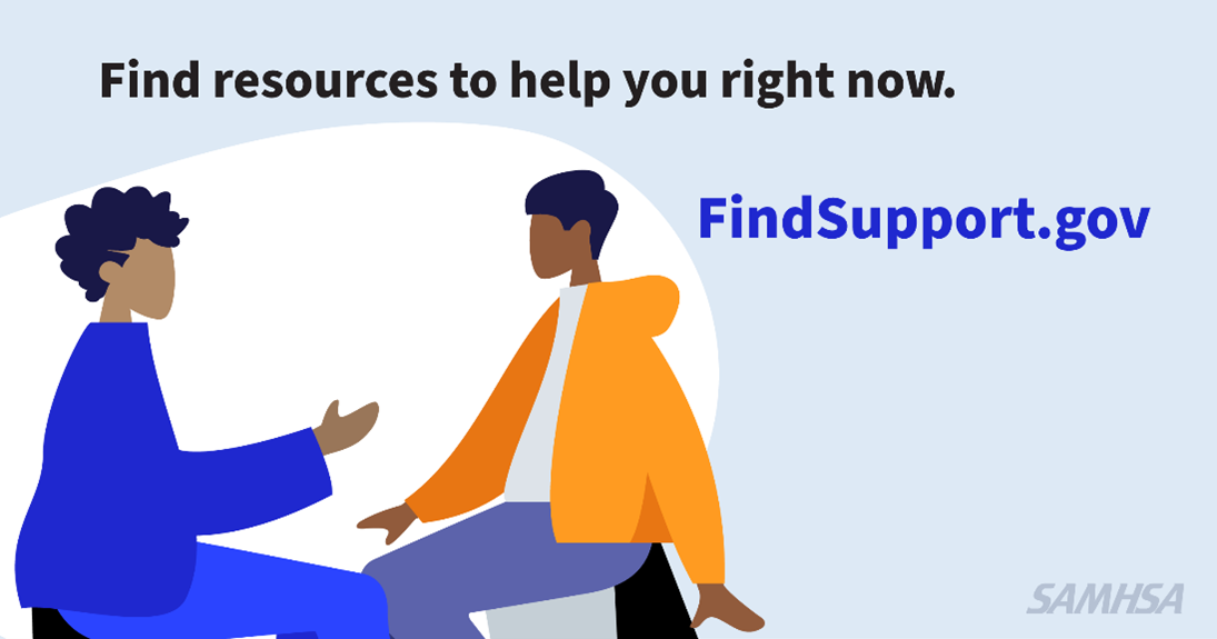 Two animated characters talking with text reading: Find resources to help you right now. FindSupport.gov