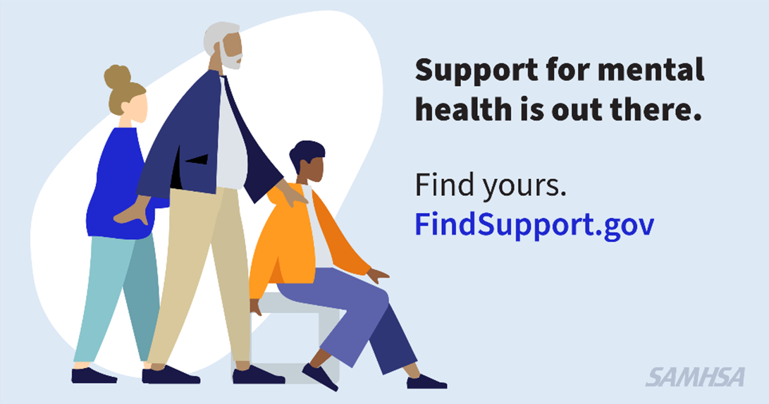 Image with three animated characters and text reading: Support for mental health is out there. Find yours. FindSupport.gov