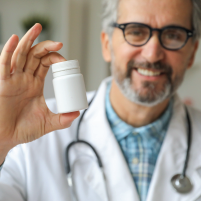 doctor holding unmarked pill bottle