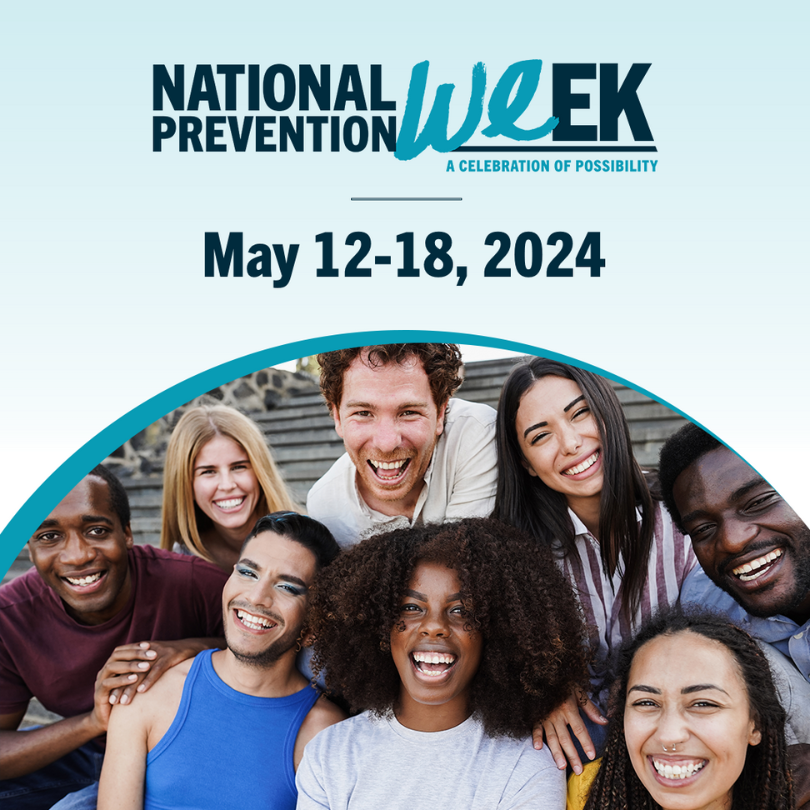 Image of a group of eight smiling young adults with the National Prevention Week logo and the dates May 12–18, 2024.