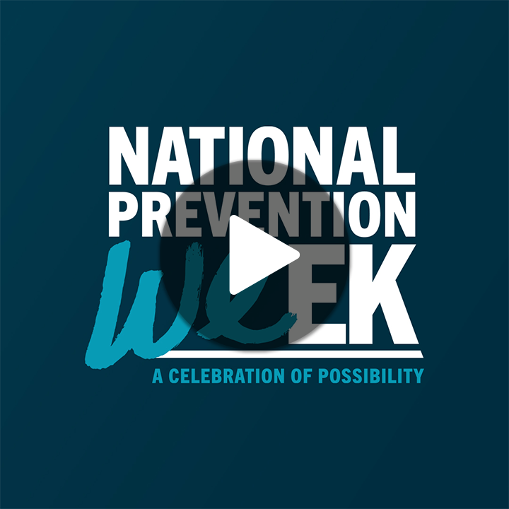 Animated GIF of the National Prevention Week logo with the 'we' being drawn in and the tagline 'A Celebration of Possibility'