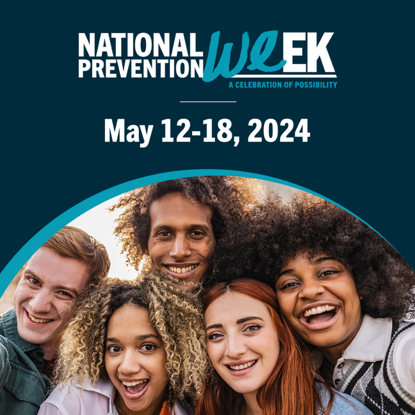 Image of a group of five smiling young adults with the National Prevention Week logo and the dates May 12–18, 2024.