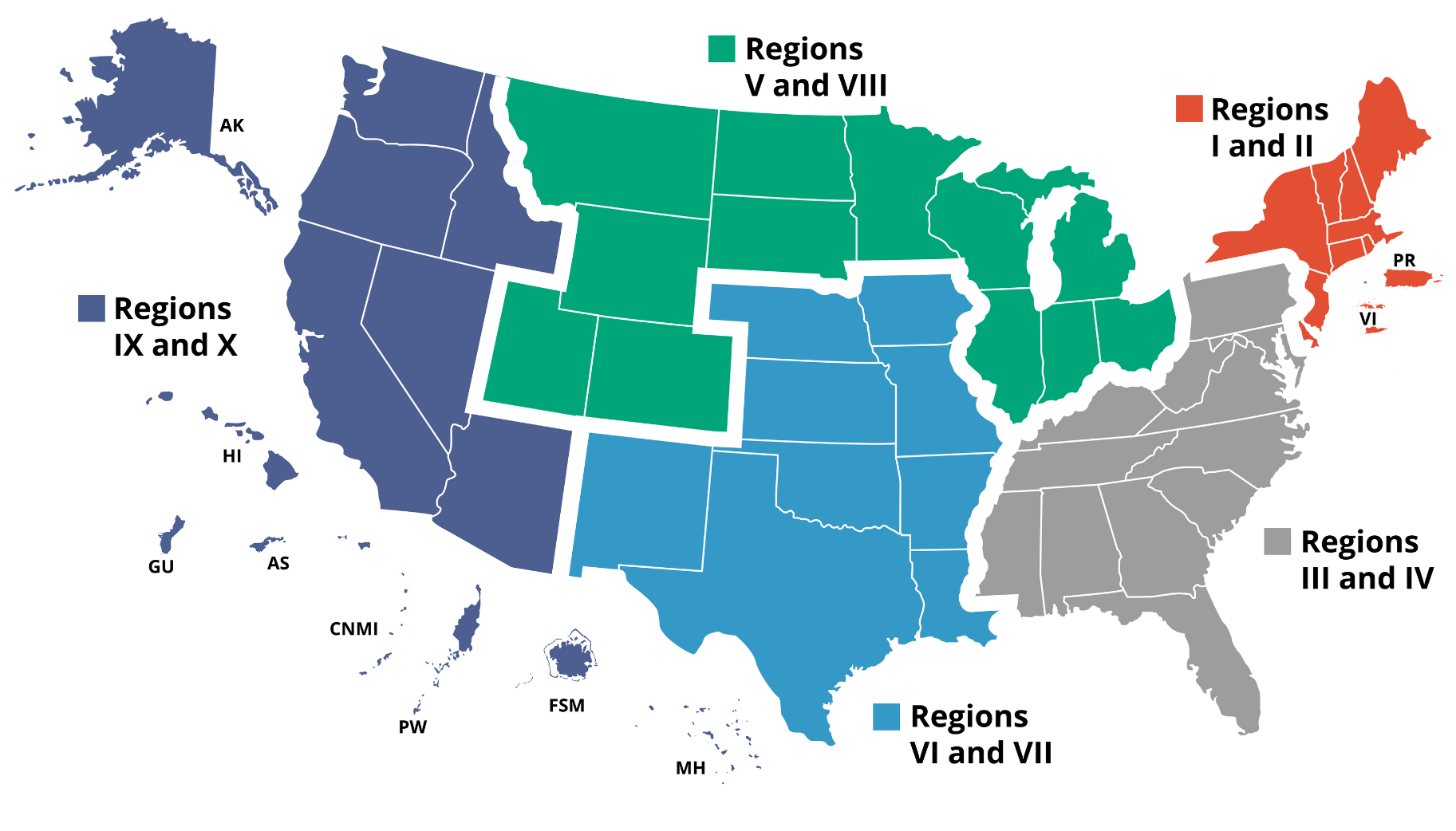 A map of the United States divided into five combined regions of states. Regions I and 2: Maine, Massachusetts, New Hampshire, Vermont, Rhode Island, Connecticut, New York, New Jersey, Puerto Rico, the Virgin Islands. Regions 3 and 4: Pennsylvania, Delaware, Maryland, Virginia, West Virginia, Kentucky, Tennessee, North Carolina, South Carolina, Georgia, Florida, Alabama, Mississippi. Regions 5 and 8: Ohio, Michigan, Indiana, Illinois, Wisconsin, Minnesota, North Dakota, South Dakota, Montana, Wyoming, Colorado, Utah. Regions 6 and 7: Iowa, Nebraska, Missouri, Kansas, Arkansas, Oklahoma, Louisiana, Texas, New Mexico. Regions 9 and 10: Washington, Oregon, Idaho, Nevada, American Samoa, Commonwealth of the Northern Mariana Islands, Federated States of Micronesia, Guam, Marshall Islands, and Republic of Palau, California, Arizona, Alaska, Hawaii.