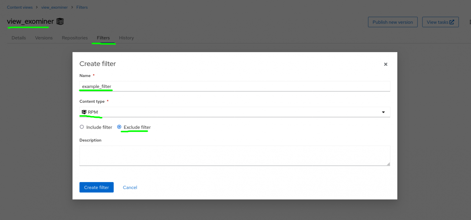 Шаг 1. В абстракции Content view cоздаем фильтр для rpm пакетов, назовем его example_filter.