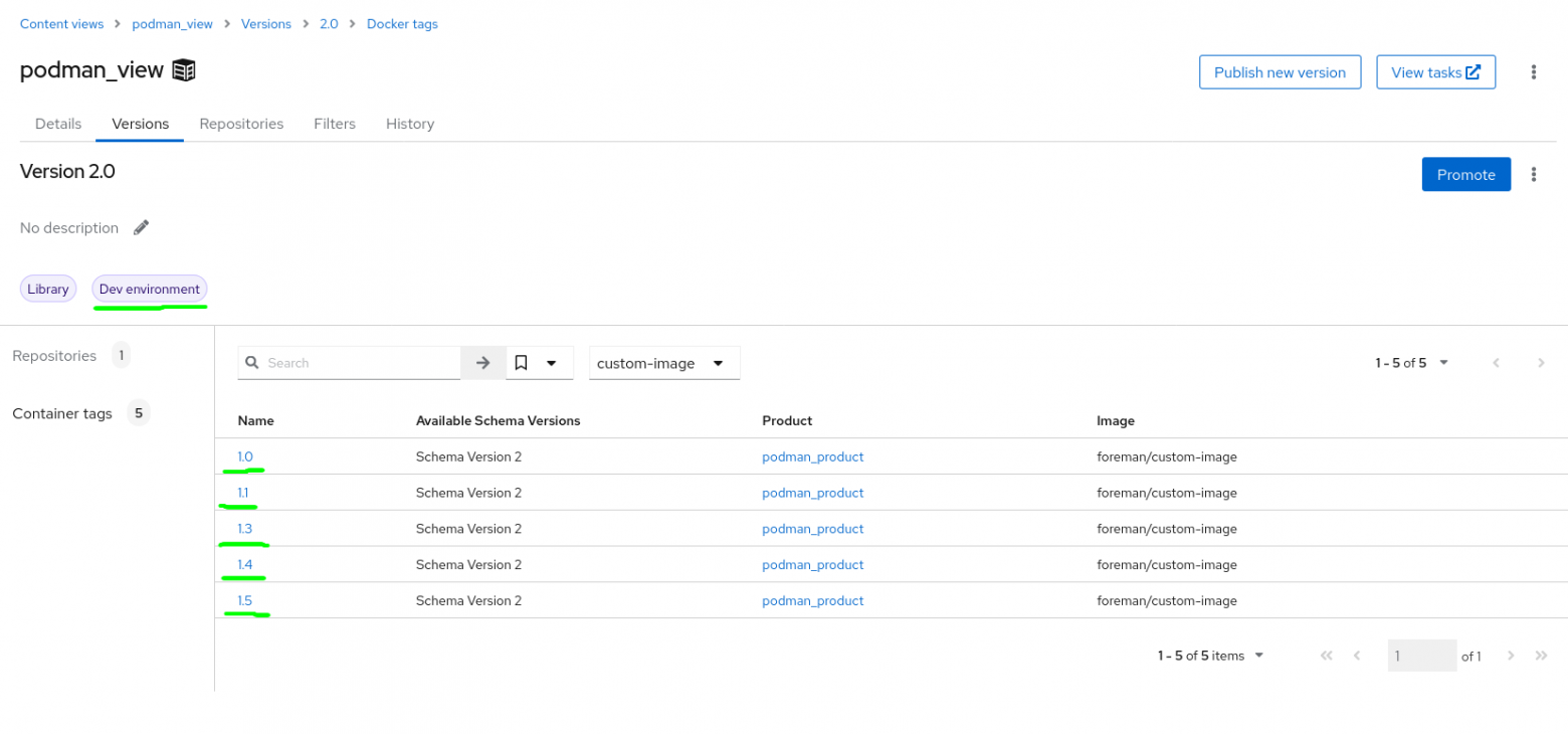 Шаг 3. Проверим доступные версии образа foreman/custom-image. Напомню, что Content View хранит версии состояний репозитория и предоставляет их для среды Dev environment.